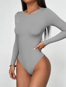 Women Spring Bodysuits For Long Sleeve Shirts Fitted Basic Ribbed Layering Bodys Tops Fall Fashion Winter Clothes Grey Vacation Rompers Outfits For Women - Grey - View 4