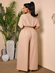 BIUBIU 大码女式夏季度假两件套，深V领蝙蝠袖露脐上衣和阔腿裤套装 - 淺卡其色 - 查看 2