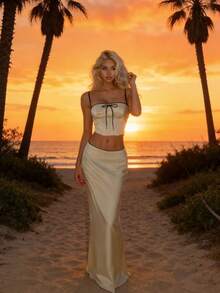 Bộ đồ hai mảnh màu vàng kem bằng satin acetate, áo corset gợi cảm phong cách Y2K và chân váy dài xòe cạp thấp, trang phục thời trang lãng mạn và thanh lịch cho kỳ nghỉ biển và phong cách đường phố mùa hè. - Vàng nhạt - Xem 6