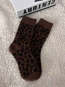1/3 双新款秋冬豹纹咖啡棕色女士中筒袜韩版时尚四季百搭 - 彩色 - 查看 3