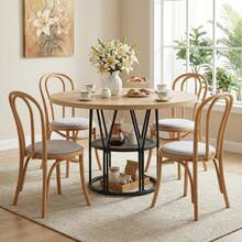 Mesa de comedor redonda de 47" para 4-6 personas, mesa de cocina círcula con estante de almacenamiento y marco de metal resistente, mesas de comedor modernas para cocina comedor sala de estar apartamento oficina roble - Roble - Ver 7