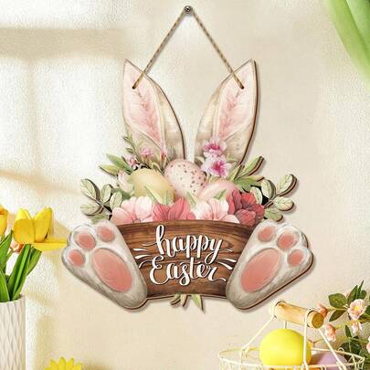 1pc Easter Wreath Decor, Wooden Rabbit Welcome Sign Door Hanging Ornament, Spring Home Shop Garden Decoration