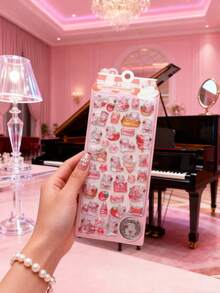 Pegatinas y calcomanías impermeables de dibujos animados con tema de conejo rosa, textura en relieve, material de cristal transparente, perfectas para fundas de teléfono, diarios - Multicolor - Ver 5