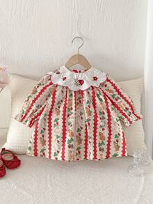 1pc Girls Spring/Summer Long Sleeve Embroidered Collar Casual Cute Rabbit & Strawberry Cartoon Print Dress, Suitable For Young Girl & Baby Girls - Red - View 10