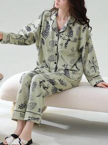 2pcs Women Cardigan Pajama Set, Long Sleeve Top And Pants, Soft Homewear For Spring And Autumn - Olive Green - View 1