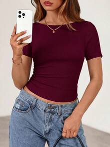 Fall New Arrival Women's Long-Sleeve Top Crop-Top Style Casual Outerwear Boat Neck With Bell Sleeves Ribbed Pleated Design Millennial-Inspired Fashion - Màu đỏ rượu vang - Xem 3