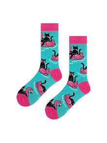 1双黑色猫咪和火烈鸟游泳图案男士中筒袜，春夏款 - 淺藍色 - 查看 2