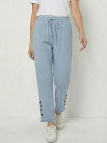 Pantalones casuales de mujer con cintura elástica y cordón, con bolsillos - Pantalones cortos de verano ligeros con detalles de botones y encaje - Azul - Ver 4