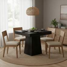 LITTLE TREE 31.5" Square Farmhouse Dining Table For 4 People, Sturdy Pedestal Base Table, Gray For Kitchen Dining & Living Room - Black - View 8