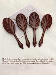 1把檀香木气垫按摩发梳，椭圆叶纹理图案长柄设计，女士美发头皮按摩梳 - 棕色 - 查看 9