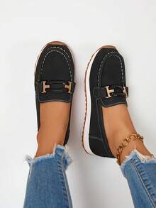 Giày lười nữ đế dày mũi tròn, thoải mái, gót thấp, nhẹ, khóa kim loại, kiểu dáng thường ngày, hàng mới về mùa xuân/thu. - màu đen - Xem 4