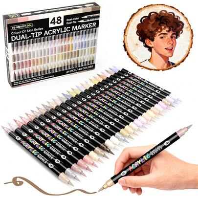 FLYSEA 24/48肤色马克笔，双头双色毛笔，适用于岩石、木材、书法、画布、陶瓷、金属、玻璃、石头绘画，DIY工艺品套装