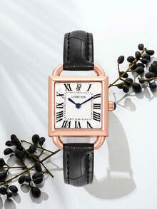 LUCKYFOX 1pc Boxed Quartz Watch, Minimalist Square Dial Design, Leather Strap, Suitable For Daily Life, Youth & Student, Luxury Feel - Black - View 4