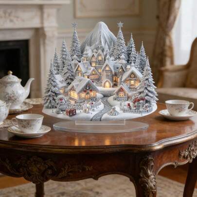 1件乡村风圣诞村亚克力装饰品 - 桌面摆件，乡村风格，多用途，无需用电，是桌面和窗户节日装饰的理想之选，圣诞树主题