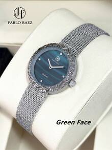 Pablo Raez Relógio de pulso feminino de luxo, cor verde, elegante e moderno, com pulseira de aço inoxidável resistente à água até 50 metros. Ideal para festas e ocasiões especiais. Um relógio elegante e casual com detalhes em diamante, perfeito para mulheres com estilo preppy e charmoso. - Tamanho Único - Ver 15
