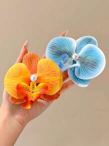 2pcs/1pc Women Bohemian Yellow & Light Blue Butterfly Orchid Flower Hair Clips, Fashionable Side Bangs/Fringe Clips, Suitable For Beach Photos, Elegant & Simple, Solid Color Hair Claws, Suitable For Daily, Casual, Party, Beach, Vacation, Hairstyling, Face/Hair Washing, Makeup, Outfit Accessories, Autumn/Winter/Spring/Summer Fashion Hair Clips, Valentine's Day Gift, Head Accessories, Hair Slide, Hairpin - Multicolor - View 7
