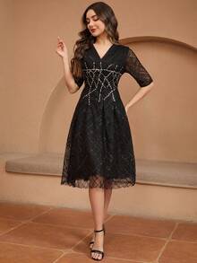 Black Lace Sequin Embellished Dress - Black - View 3