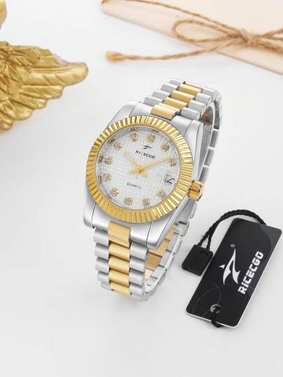 RICECGO 1pc Women's Business Quartz Wristwatch, Stainless Steel Dual-Tone Strap, Serrated Bezel With Sparkling Crystal Indexes, Exuding Luxurious Elegance, Best Gift Choice For Family And Friends