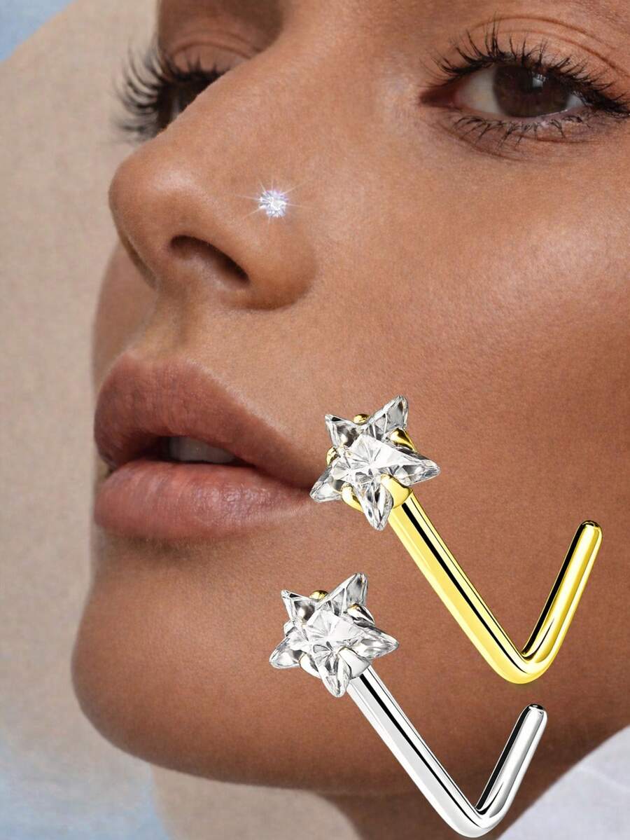 FOREVER QUEEN 1件925纯银L形鼻环/鼻钉，20G星形锆石鼻环/鼻钉，男女皆宜 - 鼻環 - 查看 1