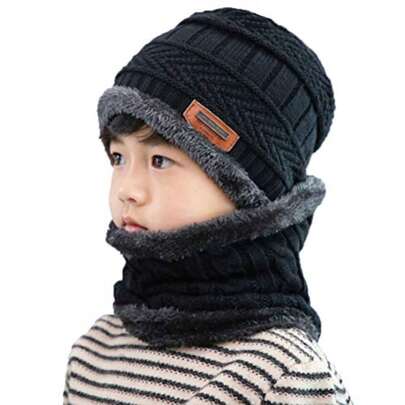 Winter Hat And Scarf Set 2Pcs Warm Knit Beanie Cap And Scarf For 5-14 Years Old