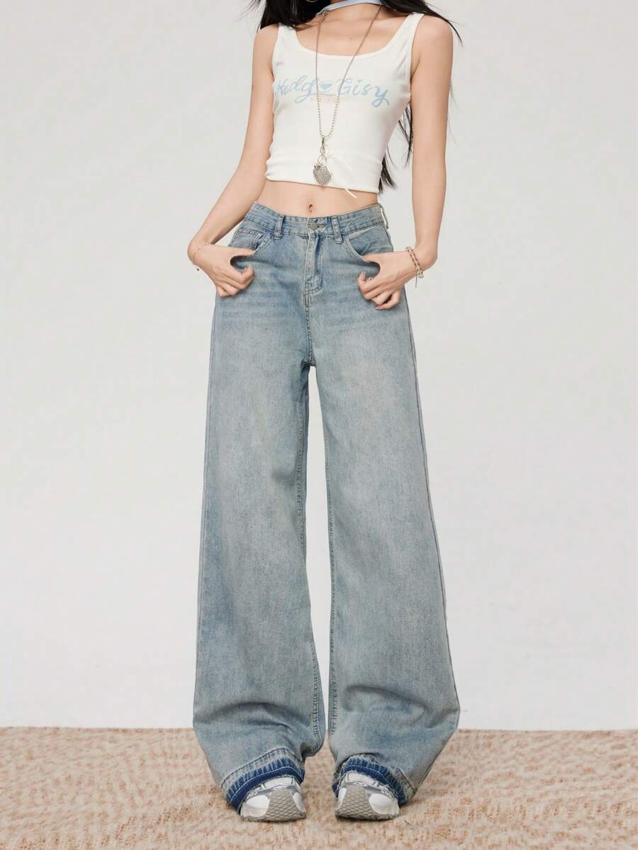 YEAE | 女士阔腿牛仔裤，带纽扣口袋和拉链细节，长款无弹力派对风 - 中等水洗藍 - 查看 1