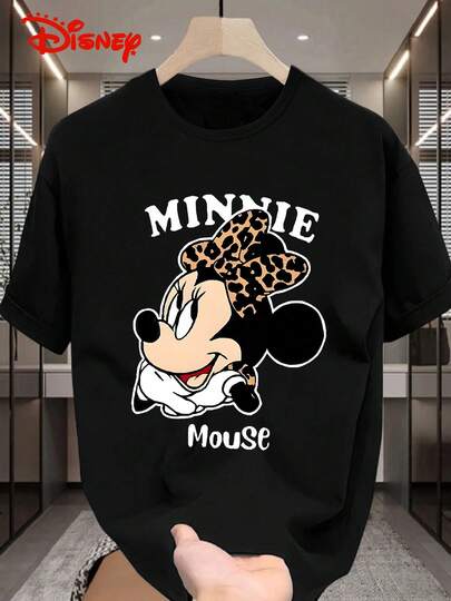  1pc Disney IP Authorized Minnie Mouse Cartoon Graphic Print Short Sleeve T-Shirt, Crew Neck, Stretchy, Suitable For Everyday Wear, Easy Care Material, Fashionable Casual Men's T-Shirt