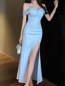 Summer Women Elegant Chic Bodycon Sexy Party Cold Shoulder Slim Birthday Prom Evening Dress - Baby Blue - View 1