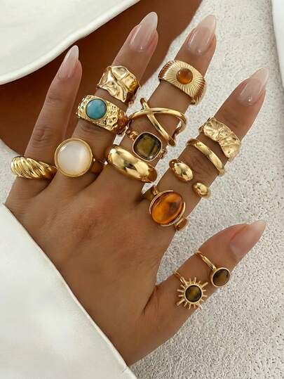 14pcs Vintage Bohemian Luxury Asymmetrical Sun Faux Tiger Eye Stone Ring Set, Minimalist Versatile Jewelry Gift For Women, Holiday, Anniversary, Birthday