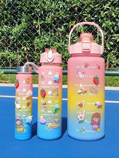1pc Ins Style Tri-Color Pink PC Straw Water Bottle 750ml With Random 3D Stickers Portable Leak-Proof For Outdoor Travel Sports Fitness Office Hydration Valentine's Day Mother's Day New Year Gift
