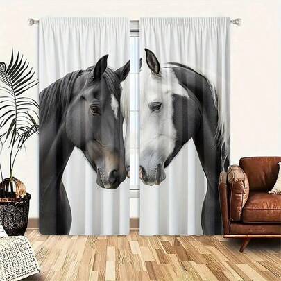 Zestaw 2 szt.: zasłony z nadrukiem koni w wysokiej rozdzielczości – przepuszczające światło, z kieszeniami na drążek do sypialni, salonu, biura – wytrzymały poliester, można prać w pralce