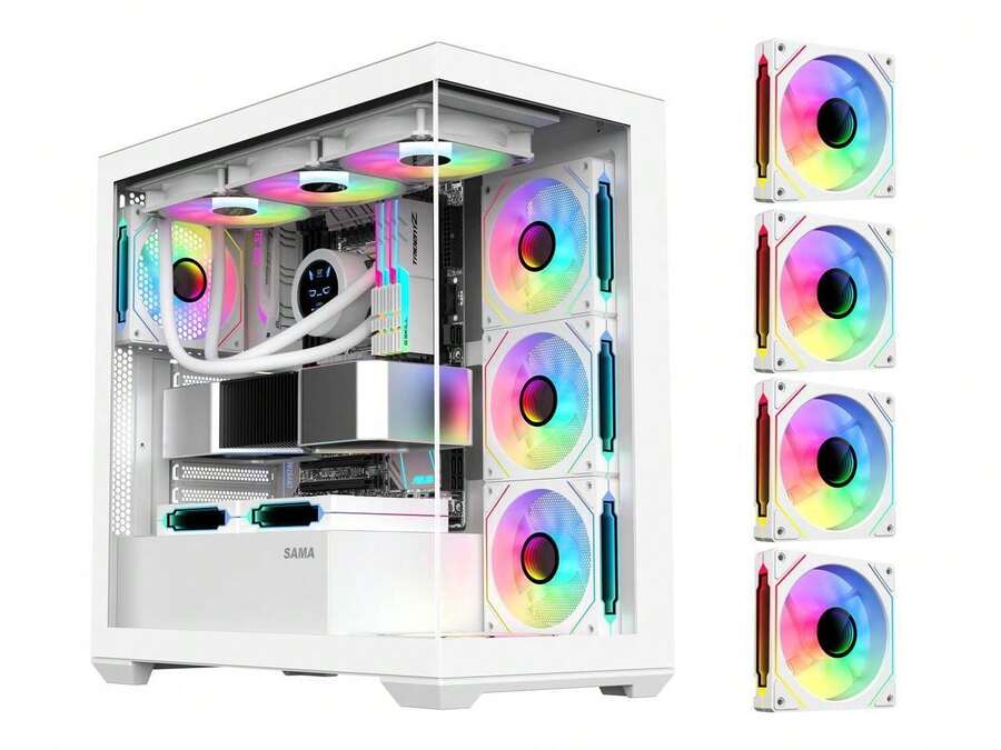 SAMA SV01 Gaming PC Case Computer Mid Tower ATX Case White With 4 Addressable RGB Fans Pre-Installed, Back Plug Motherboard Design, Tempered Glass Transparent Side Panel - trắng - Xem 1