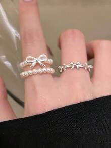 3件套芭蕾舞风格蝴蝶结珍珠串珠戒指套装，银色丝带蝴蝶结可调节叠戴戒指，优雅设计，日常佩戴饰品，送给女友、家人、圣诞节、情人节、生日、母亲节的礼物 - 銀色 - 查看 2