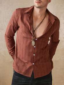 WAIT HIM Men's Striped Single-Breasted Casual Long Sleeve Shirt - Redwood - View 10