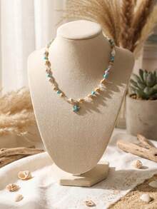 1 chiếc vòng cổ phong cách Bohemian hình sao biển, vỏ sò và ngọc lam dành cho kỳ nghỉ - Màu xanh nhạt - Xem 2