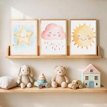 3件/套 水彩太陽彩虹心形幼兒房牆面藝術套裝 - 有框或無框畫布兒童房裝飾、遊戲室、極簡風格幼兒房海報、自然主題、可直接掛牆水彩兒童牆面藝術套裝、極簡家居裝飾、女孩房裝飾、開學季 - 彩色 - 查看 4