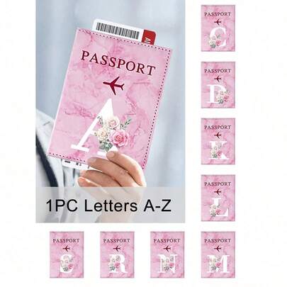 花卉字母护照套，护照保护套，粉色大理石纹PU皮革护照夹，A-Z字母及玫瑰印花，便携多功能男女通用RFID商务护照套，身份证/银行卡/护照套，旅行者及送礼佳品，兼具保护性和时尚感，适合国际旅行、日常携带及旅行必备。
