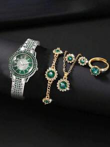 Women's Watch Set, Fashionable Round Dial Quartz Watch With Rhinestone Inlaid, Including Necklace, Earrings, Bracelet, Ring For Daily Wear, Birthday Gift, Party, Holiday Gathering, Excluding Gift Box - Silver - View 1