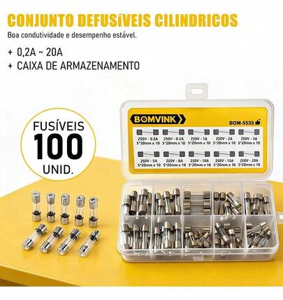 Kit 100 Unidades Fusível De Vidro 5x20mm Regua Energia E Filtros Linha Inalador Extensão Bivolt 250v Caixa Organizadora