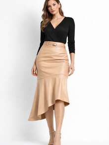 Sophisticated Midi Skirt With Asymmetrical Cutout. Does Not Include An Elegant Belt. Features An Asymmetrical Ruffled Hem. Zipper Closure. Suitable For Formal And Evening Wear. - Beige - View 3