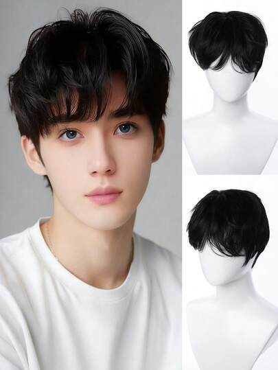 Men's Short Hair Wig, Natural Bangs Wig, Korean Style Slightly Parted Wig, Heat-Resistant Synthetic Hair Wig