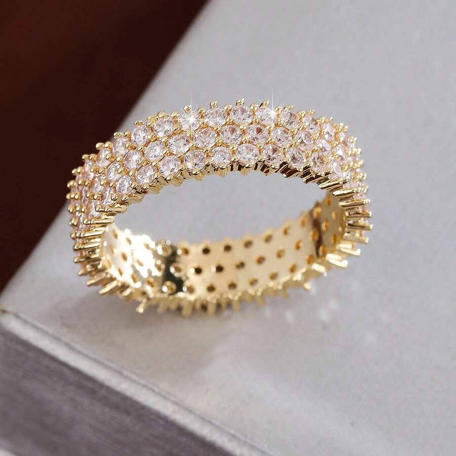 1pc Fashion Geometric Triple-Row Cubic Zirconia Inlaid Ring For Women - Multicolor - View 1