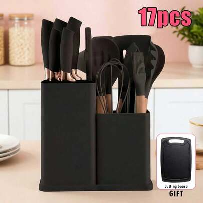 17+2piece Silicone Kitchenware Set With Storage Bucket, Cutlery, Knives, Wooden Handles, Daily Kitchenware, Vegetable And Meat Cutting Board Included.