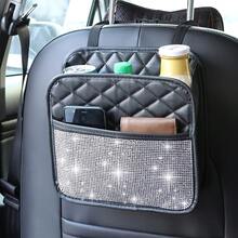 1 pieza Bolsa de basura para coche con diamantes de imitación brillantes, diseño de diamantes de agua de alta gama, organizador para el respaldo del asiento del coche, bolsa de almacenamiento multifuncional para el asiento del coche, cubo de basura colgante impermeable para el coche, se adapta a la mayoría de los vehículos, bolsa colgante de basura para el hogar - A - Ver 7
