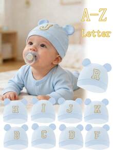 1pc Newborn Baby Hat, Solid Color & Printed Ear Design, Warm Protective Cute Casual Accessory, Suitable For Outdoor Use - Baby Blue - View 1
