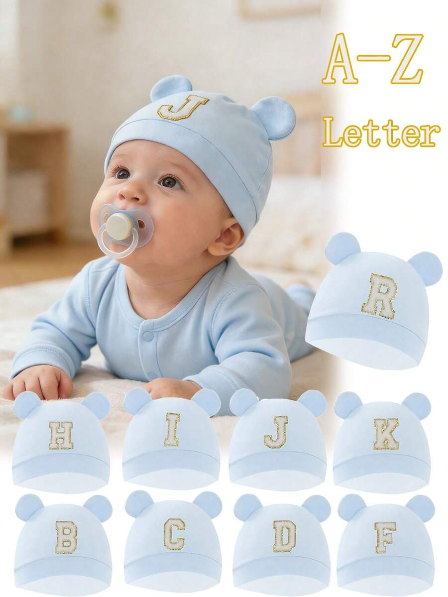 1pc Newborn Baby Hat, Solid Color & Printed Ear Design, Warm Protective Cute Casual Accessory, Suitable For Outdoor Use - Baby Blue - View 1