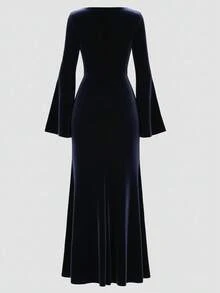 女士复古垂褶领天鹅绒连衣裙，喇叭袖，不对称垂褶下摆，优雅派对礼服，尽显春日迷人风情 - 藏蓝色 - 查看 5