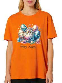 Women'S Easter Egg Diamonds  Print T-Shirt - All-Season Casual Top - Gift Idea, Festive Celebration Shirt, Playful Graphic Shirt, Comfortable Fabric, Graphic Print Shirt - 珊瑚橙 - 查看 1