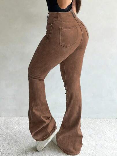 GILIPUR Y2K Style Women's Flare Jeans, Fitted Stretch Brown Denim Pants, Streetwear Fashion, Elegant, Casual Versatile Bottoms