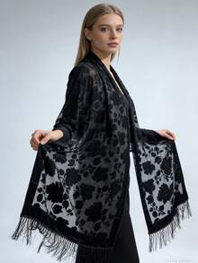 1pc Black Elegant Velvet Fashion Versatile Unique Charming Long Tassel Shawl Scarf, Suitable For Evening Party - Black - View 9