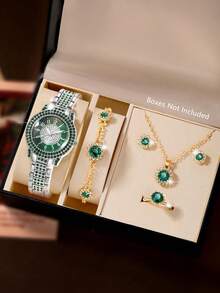 Women's Watch Set, Fashionable Round Dial Quartz Watch With Rhinestone Inlaid, Including Necklace, Earrings, Bracelet, Ring For Daily Wear, Birthday Gift, Party, Holiday Gathering, Excluding Gift Box - Silver - View 6